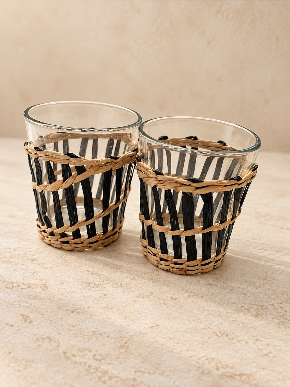 Handwoven Black & Natural Glass Votive Holders - Set of 2